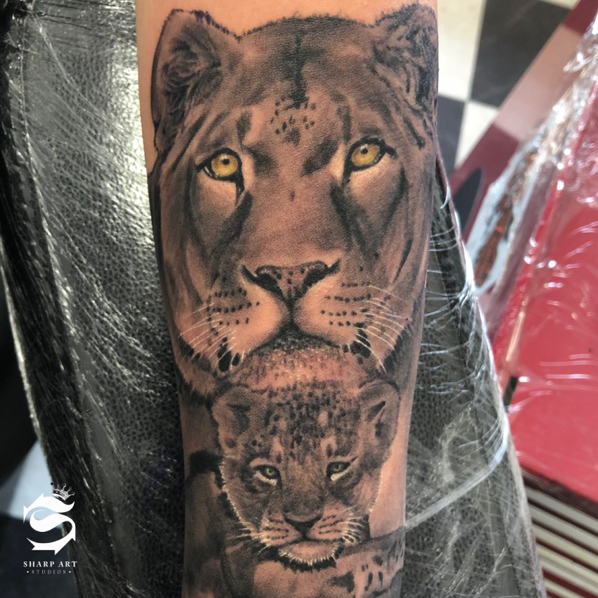 Tattoo uploaded by Joe Loftus  Lion protecting his cub Tattoo I got  yesterday for my little girl blackandgray liontattoo lioncub  Tattoodo